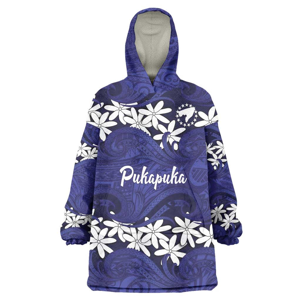 Personalised Cook Islands Pukapuka Wearable Blanket Hoodie Tiare Maori Polynesian Waves Tattoo LT14 One Size Blue - Polynesian Pride