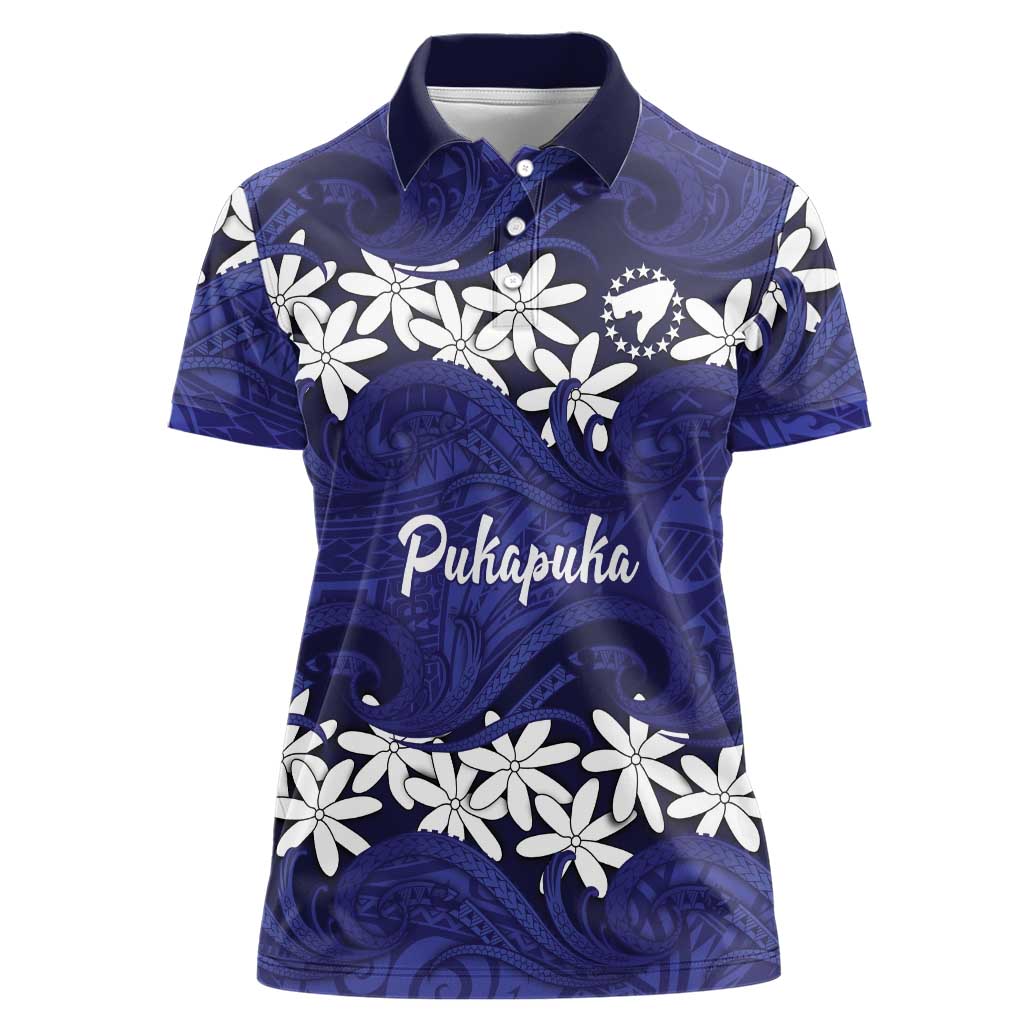 Personalised Cook Islands Pukapuka Women Polo Shirt Tiare Maori Polynesian Waves Tattoo