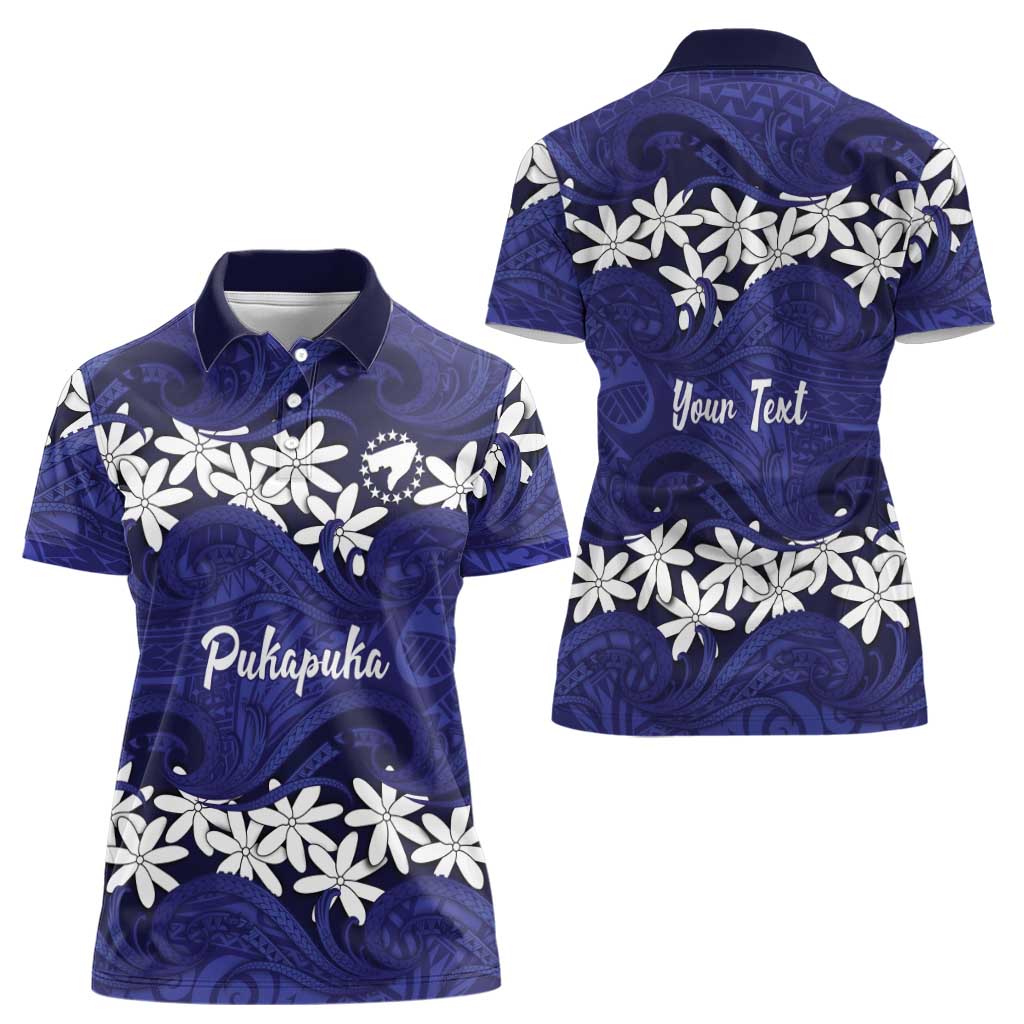 Personalised Cook Islands Pukapuka Women Polo Shirt Tiare Maori Polynesian Waves Tattoo