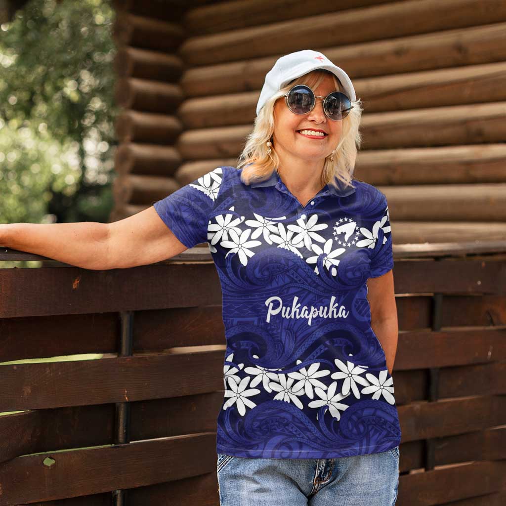 Personalised Cook Islands Pukapuka Women Polo Shirt Tiare Maori Polynesian Waves Tattoo