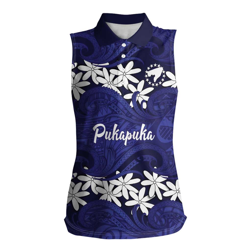 Personalised Cook Islands Pukapuka Women Sleeveless Polo Shirt Tiare Maori Polynesian Waves Tattoo