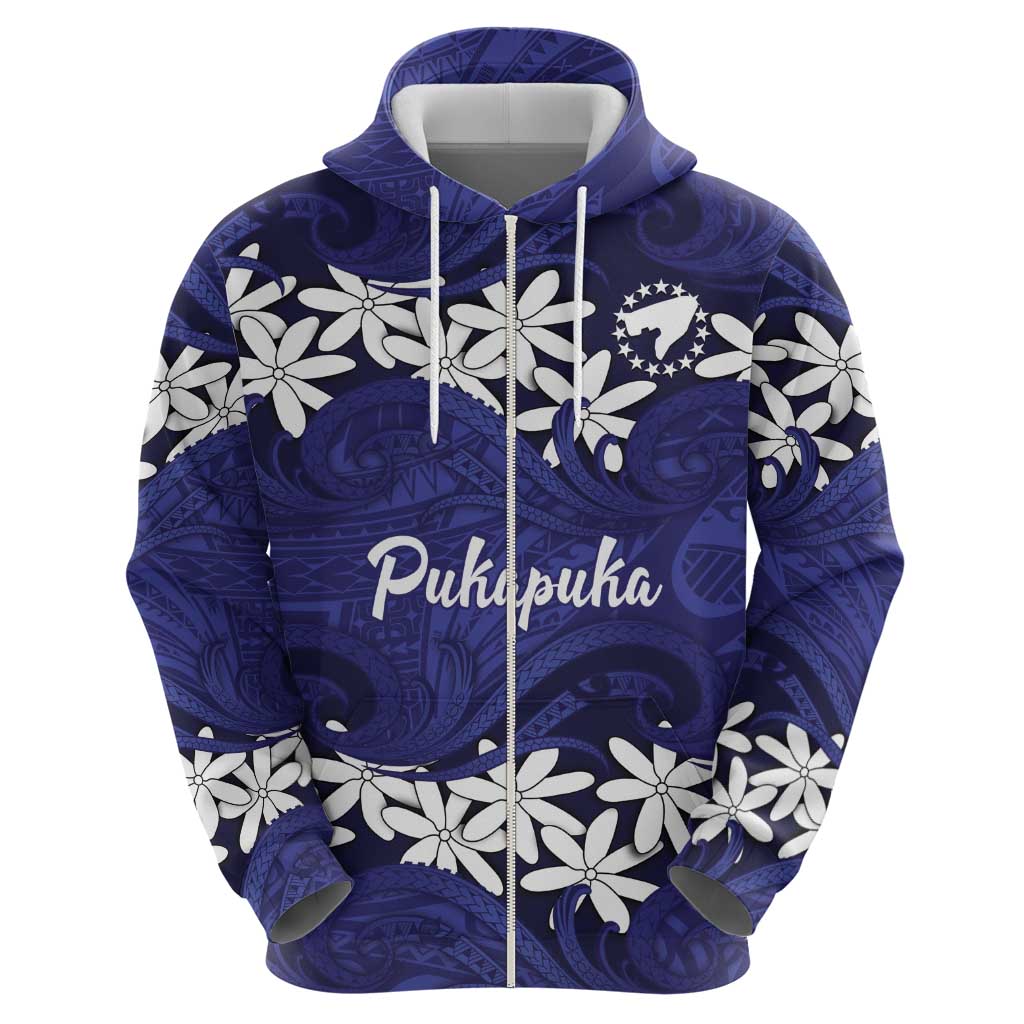Personalised Cook Islands Pukapuka Zip Hoodie Tiare Maori Polynesian Waves Tattoo