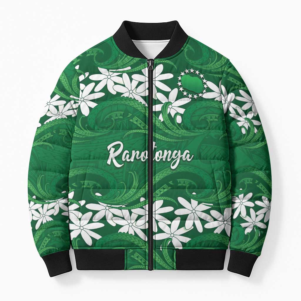 Personalised Cook Islands Rarotonga Bomber Puffer Jacket Tiare Maori Polynesian Waves Tattoo