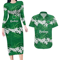 Personalised Cook Islands Rarotonga Couples Matching Long Sleeve Bodycon Dress and Hawaiian Shirt Tiare Maori Polynesian Waves Tattoo