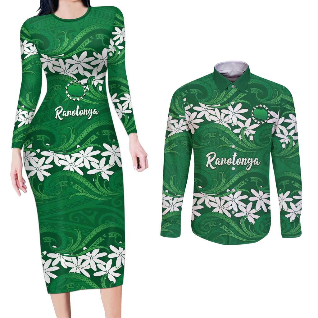Personalised Cook Islands Rarotonga Couples Matching Long Sleeve Bodycon Dress and Long Sleeve Button Shirt Tiare Maori Polynesian Waves Tattoo