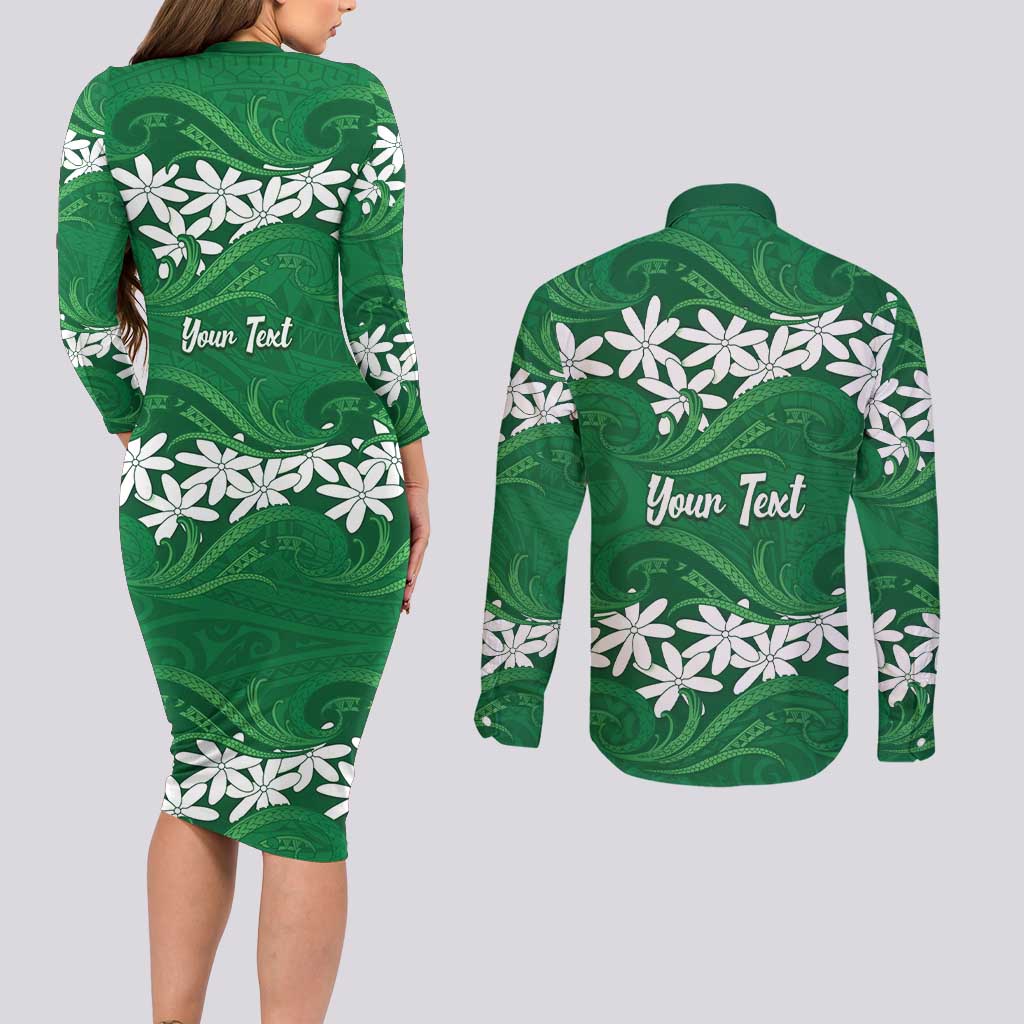Personalised Cook Islands Rarotonga Couples Matching Long Sleeve Bodycon Dress and Long Sleeve Button Shirt Tiare Maori Polynesian Waves Tattoo