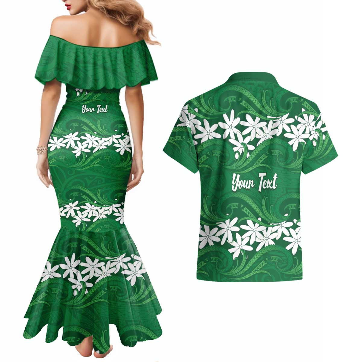 Personalised Cook Islands Rarotonga Couples Matching Mermaid Dress and Hawaiian Shirt Tiare Maori Polynesian Waves Tattoo