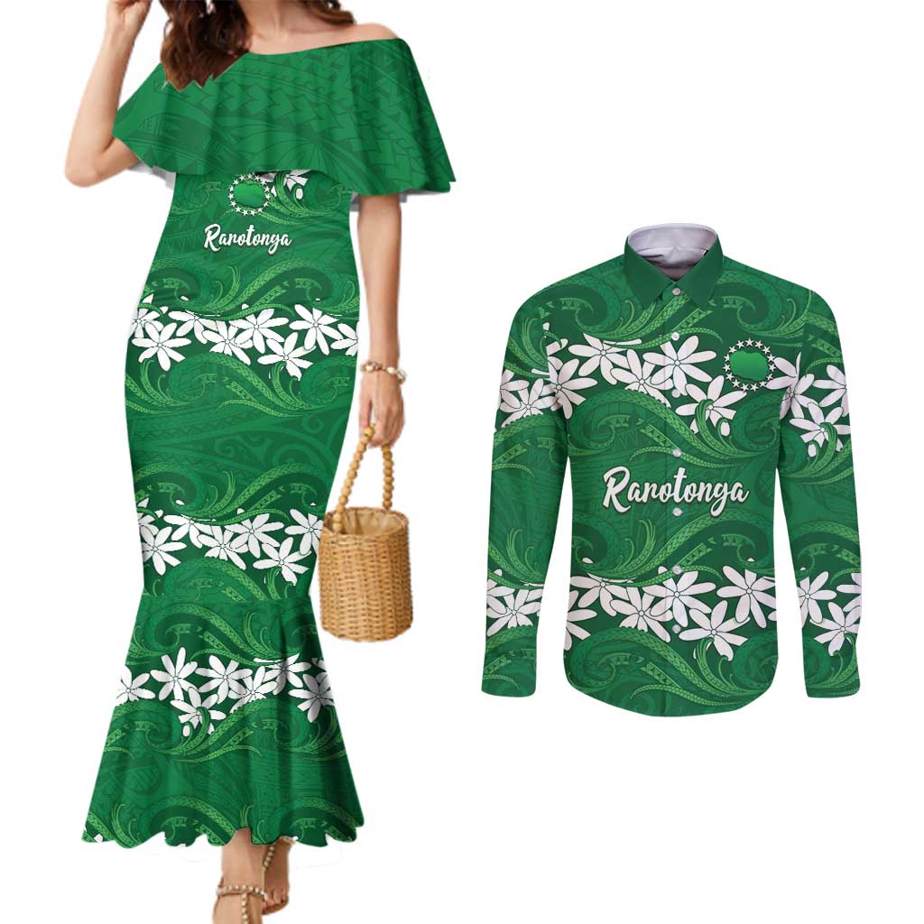 Personalised Cook Islands Rarotonga Couples Matching Mermaid Dress and Long Sleeve Button Shirt Tiare Maori Polynesian Waves Tattoo
