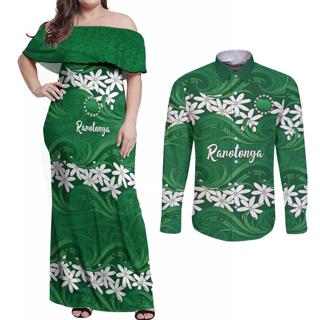 Personalised Cook Islands Rarotonga Couples Matching Off Shoulder Maxi Dress and Long Sleeve Button Shirt Tiare Maori Polynesian Waves Tattoo