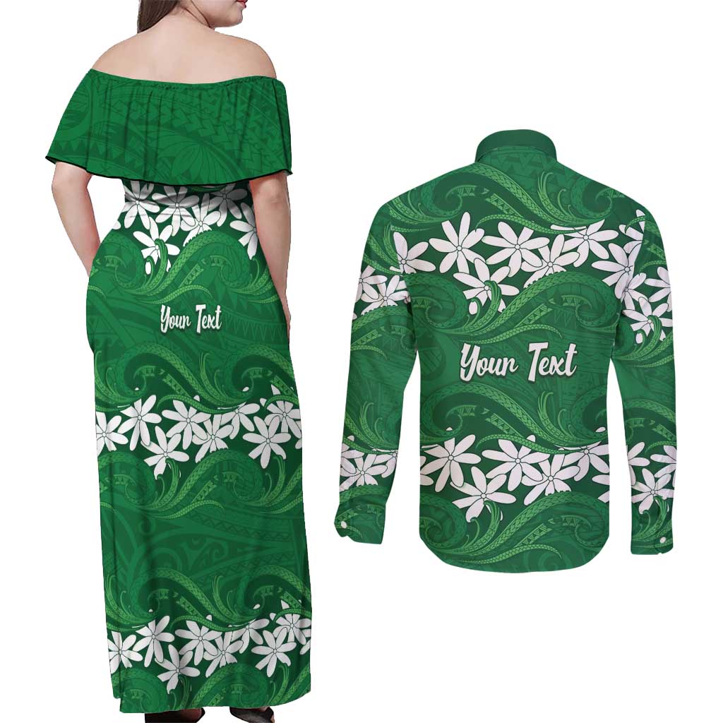 Personalised Cook Islands Rarotonga Couples Matching Off Shoulder Maxi Dress and Long Sleeve Button Shirt Tiare Maori Polynesian Waves Tattoo