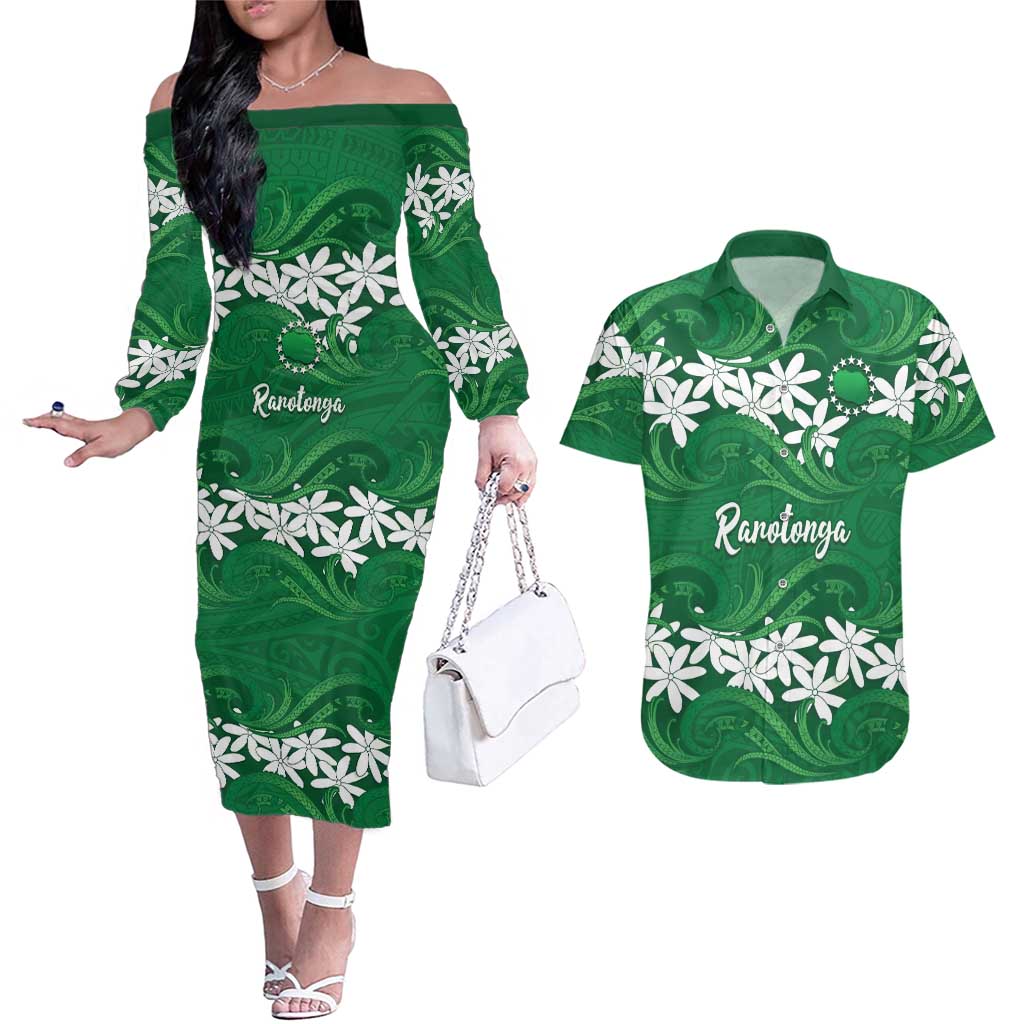 Personalised Cook Islands Rarotonga Couples Matching Off The Shoulder Long Sleeve Dress and Hawaiian Shirt Tiare Maori Polynesian Waves Tattoo