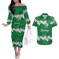 Personalised Cook Islands Rarotonga Couples Matching Off The Shoulder Long Sleeve Dress and Hawaiian Shirt Tiare Maori Polynesian Waves Tattoo