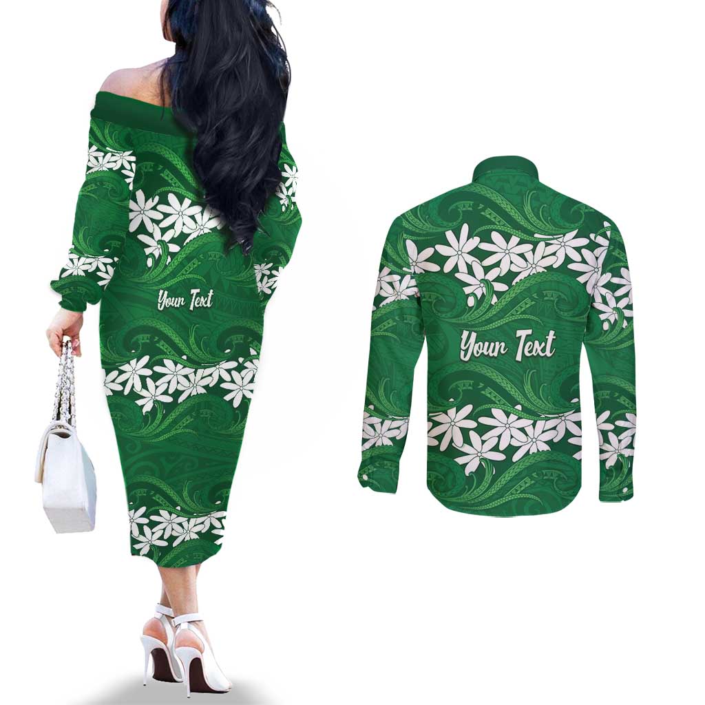 Personalised Cook Islands Rarotonga Couples Matching Off The Shoulder Long Sleeve Dress and Long Sleeve Button Shirt Tiare Maori Polynesian Waves Tattoo