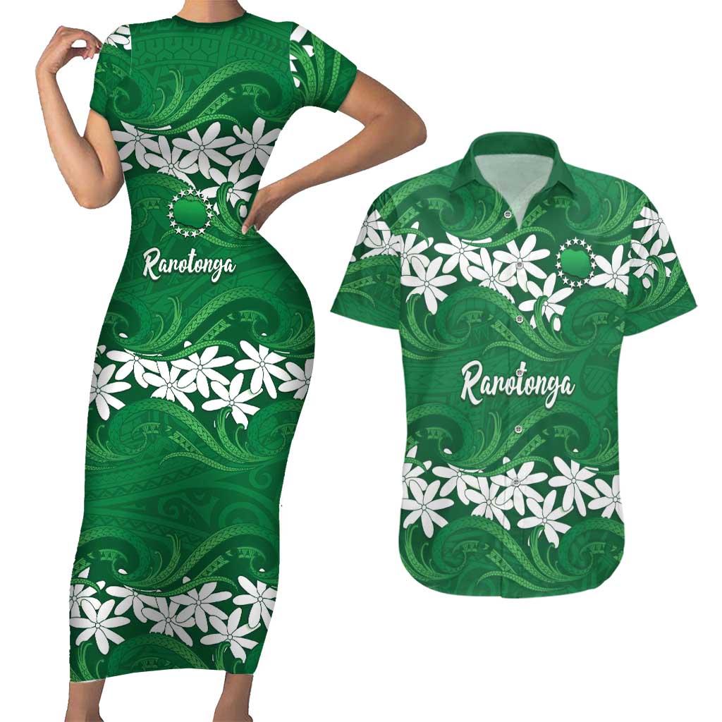 Personalised Cook Islands Rarotonga Couples Matching Short Sleeve Bodycon Dress and Hawaiian Shirt Tiare Maori Polynesian Waves Tattoo