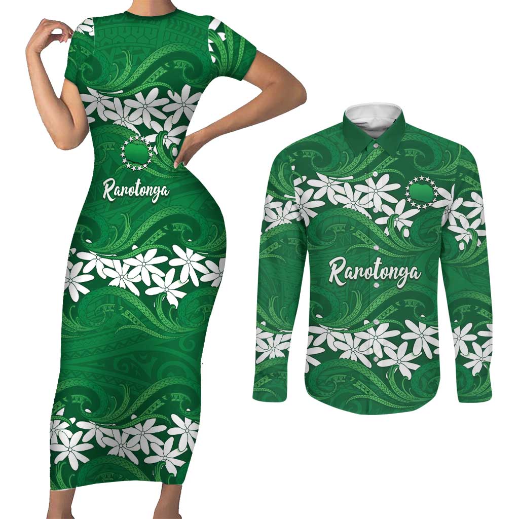 Personalised Cook Islands Rarotonga Couples Matching Short Sleeve Bodycon Dress and Long Sleeve Button Shirt Tiare Maori Polynesian Waves Tattoo
