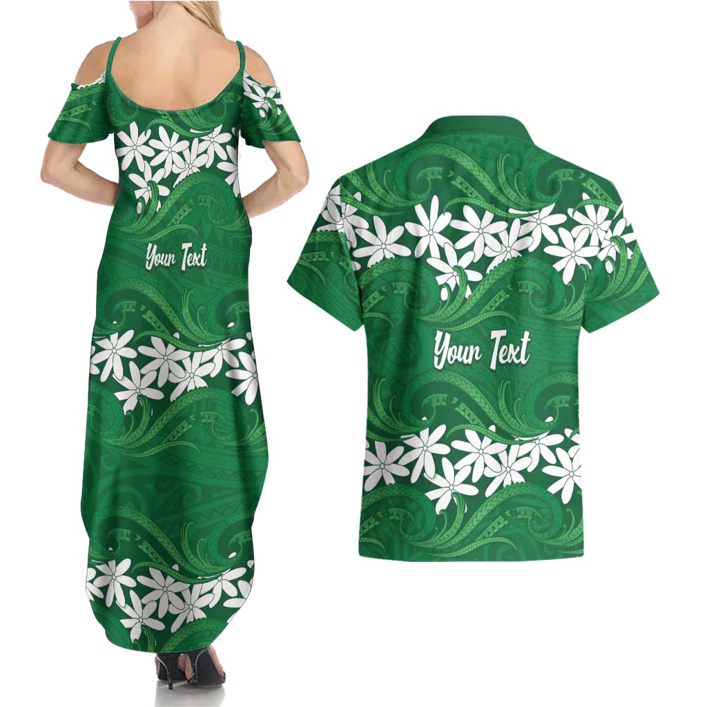Personalised Cook Islands Rarotonga Couples Matching Summer Maxi Dress and Hawaiian Shirt Tiare Maori Polynesian Waves Tattoo
