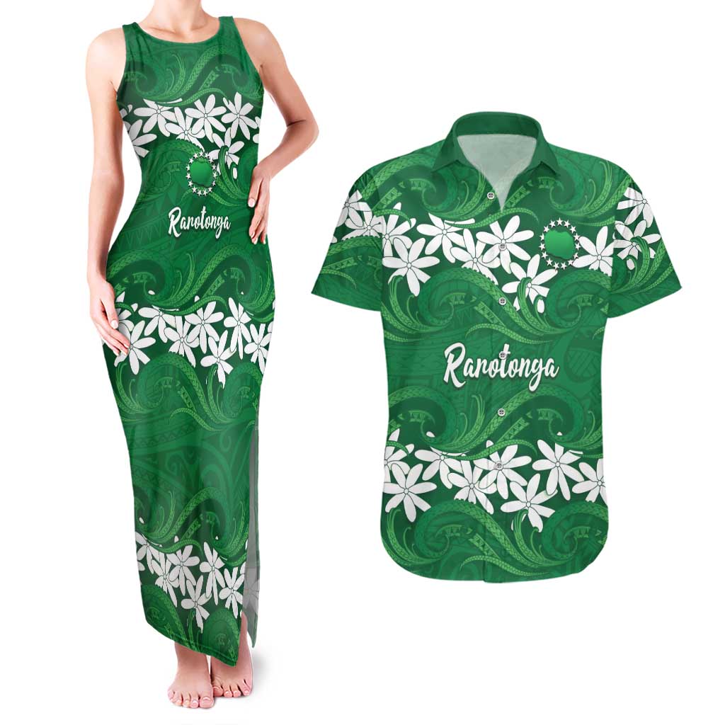Personalised Cook Islands Rarotonga Couples Matching Tank Maxi Dress and Hawaiian Shirt Tiare Maori Polynesian Waves Tattoo