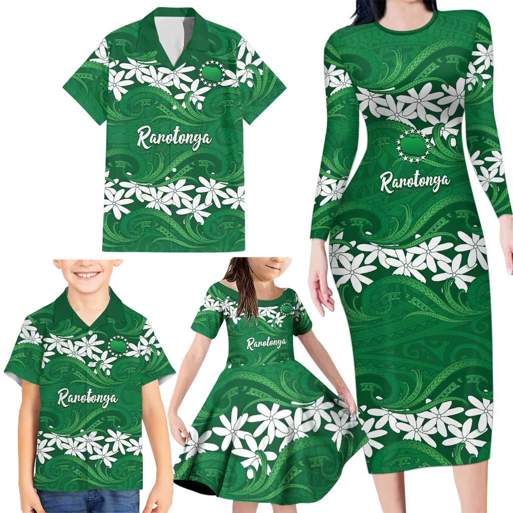 Personalised Cook Islands Rarotonga Family Matching Long Sleeve Bodycon Dress and Hawaiian Shirt Tiare Maori Polynesian Waves Tattoo