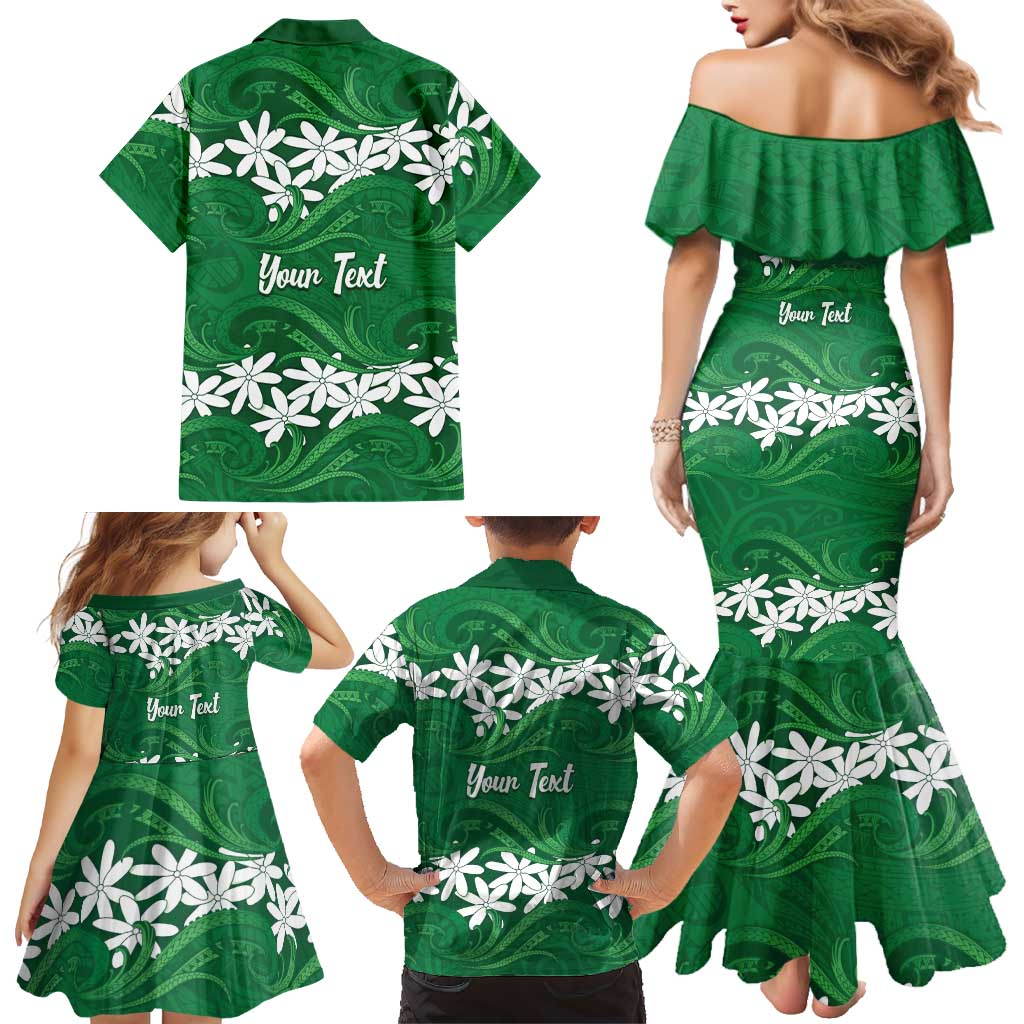 Personalised Cook Islands Rarotonga Family Matching Mermaid Dress and Hawaiian Shirt Tiare Maori Polynesian Waves Tattoo