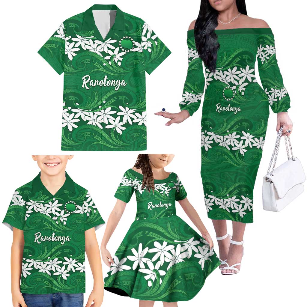 Personalised Cook Islands Rarotonga Family Matching Off The Shoulder Long Sleeve Dress and Hawaiian Shirt Tiare Maori Polynesian Waves Tattoo