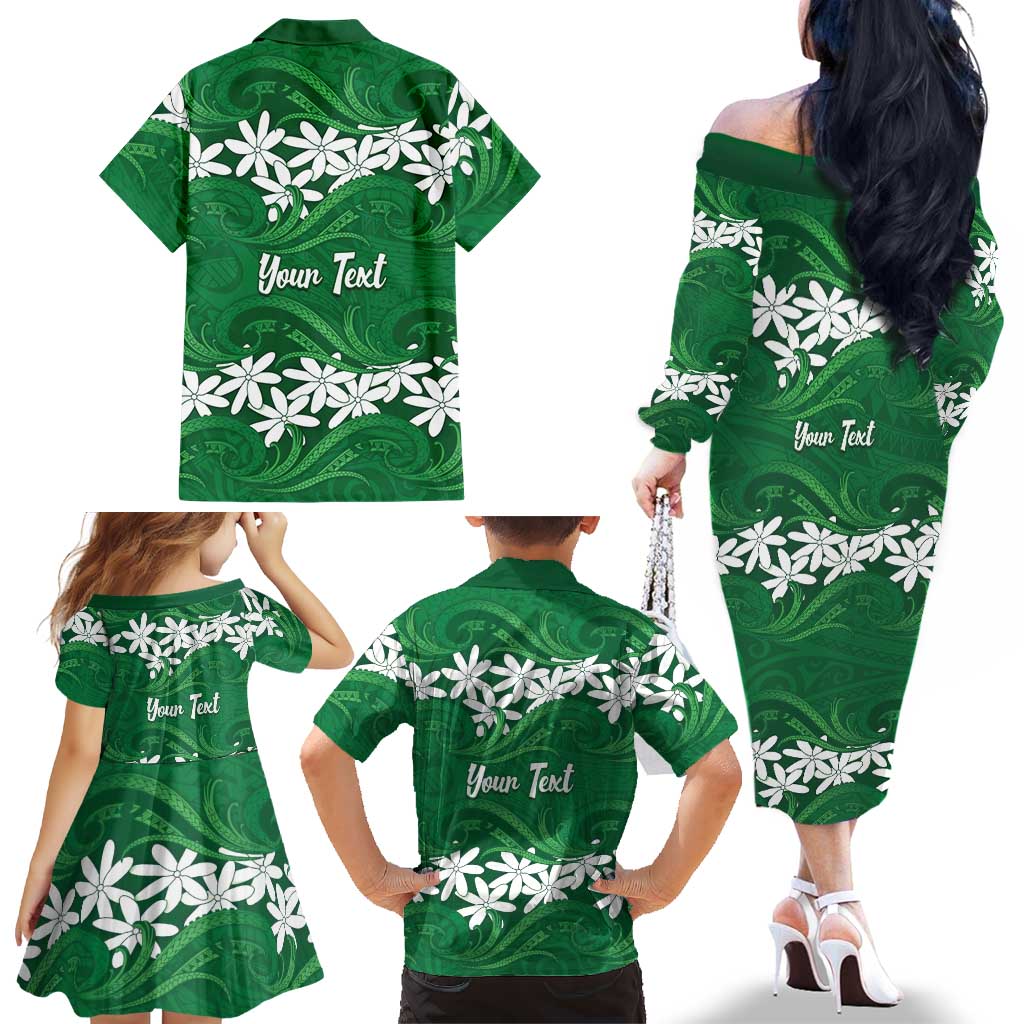 Personalised Cook Islands Rarotonga Family Matching Off The Shoulder Long Sleeve Dress and Hawaiian Shirt Tiare Maori Polynesian Waves Tattoo