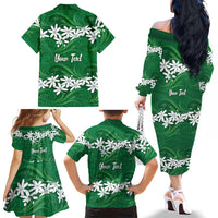 Personalised Cook Islands Rarotonga Family Matching Off The Shoulder Long Sleeve Dress and Hawaiian Shirt Tiare Maori Polynesian Waves Tattoo