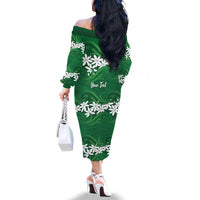 Personalised Cook Islands Rarotonga Family Matching Off The Shoulder Long Sleeve Dress and Hawaiian Shirt Tiare Maori Polynesian Waves Tattoo