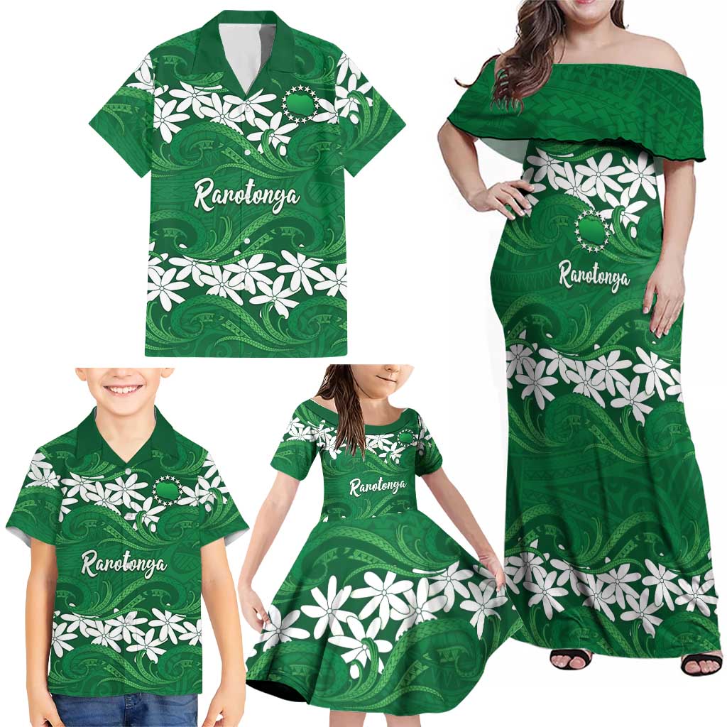 Personalised Cook Islands Rarotonga Family Matching Off Shoulder Maxi Dress and Hawaiian Shirt Tiare Maori Polynesian Waves Tattoo