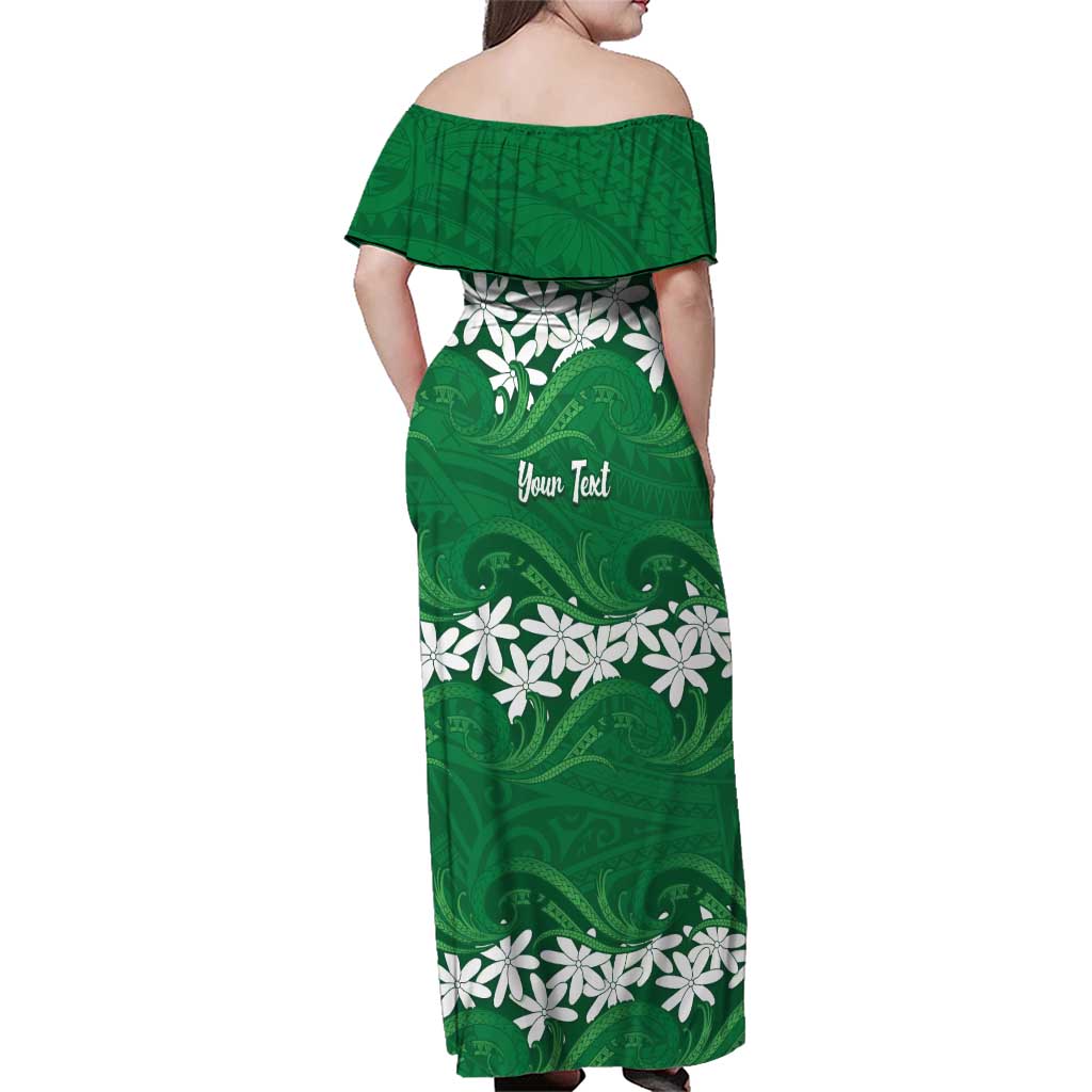 Personalised Cook Islands Rarotonga Family Matching Off Shoulder Maxi Dress and Hawaiian Shirt Tiare Maori Polynesian Waves Tattoo