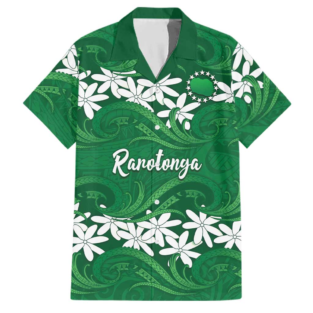 Personalised Cook Islands Rarotonga Family Matching Off Shoulder Short Dress and Hawaiian Shirt Tiare Maori Polynesian Waves Tattoo