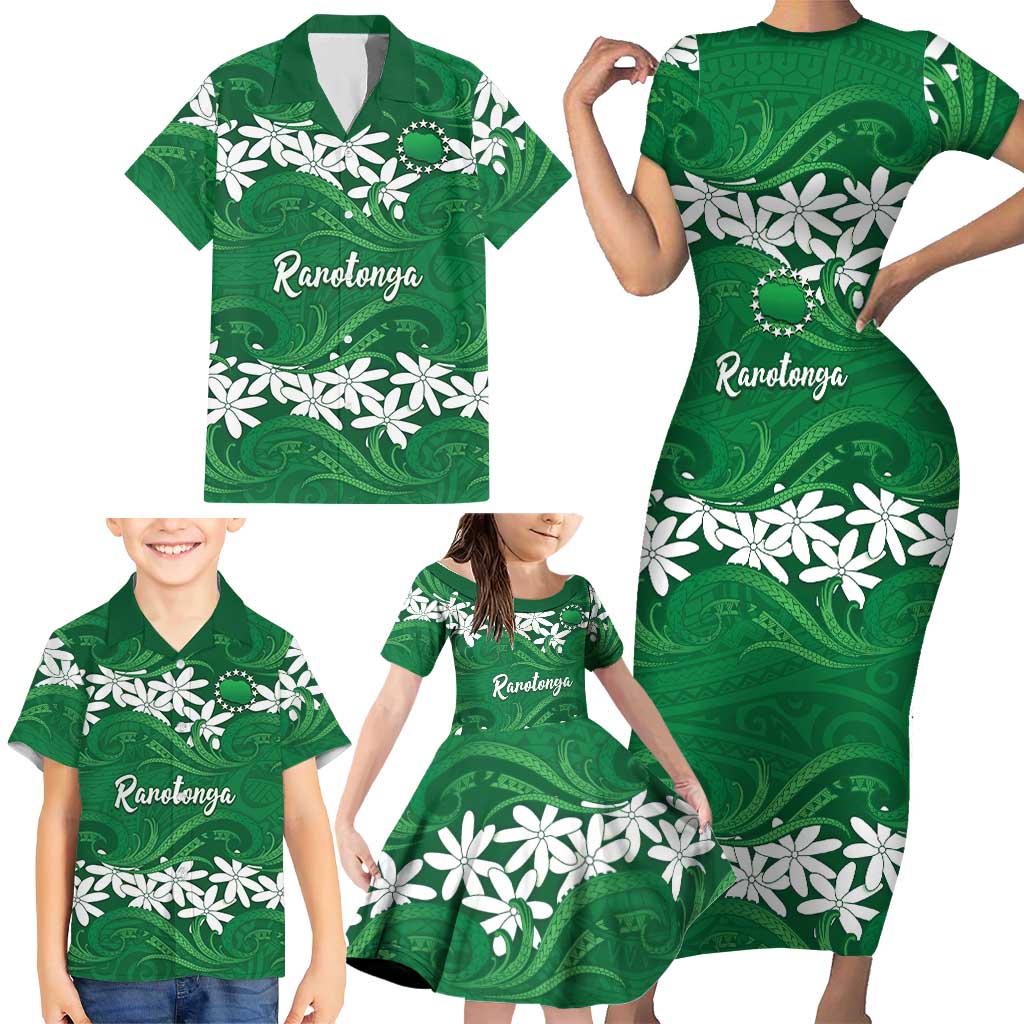 Personalised Cook Islands Rarotonga Family Matching Short Sleeve Bodycon Dress and Hawaiian Shirt Tiare Maori Polynesian Waves Tattoo