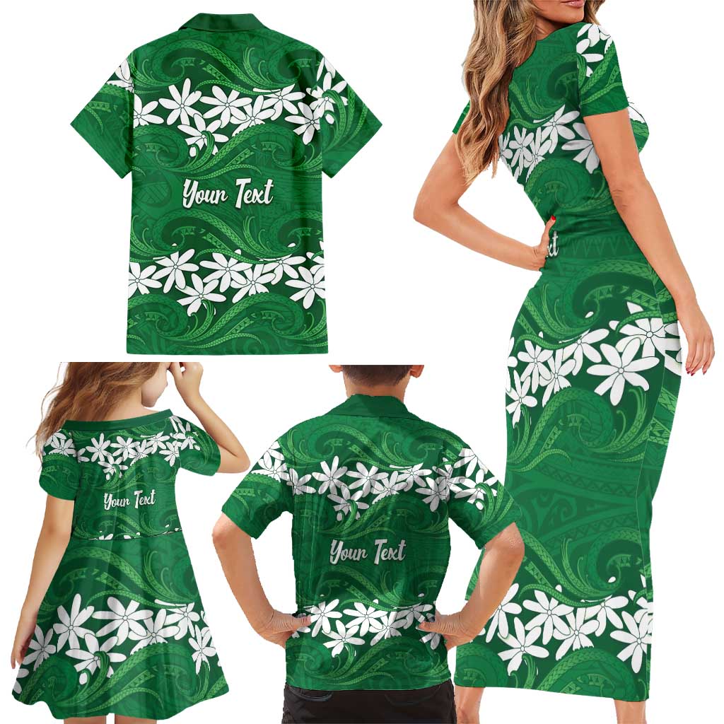 Personalised Cook Islands Rarotonga Family Matching Short Sleeve Bodycon Dress and Hawaiian Shirt Tiare Maori Polynesian Waves Tattoo