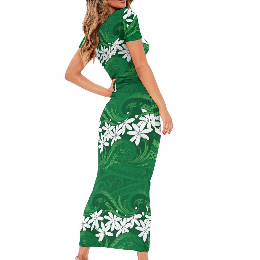 Personalised Cook Islands Rarotonga Family Matching Short Sleeve Bodycon Dress and Hawaiian Shirt Tiare Maori Polynesian Waves Tattoo