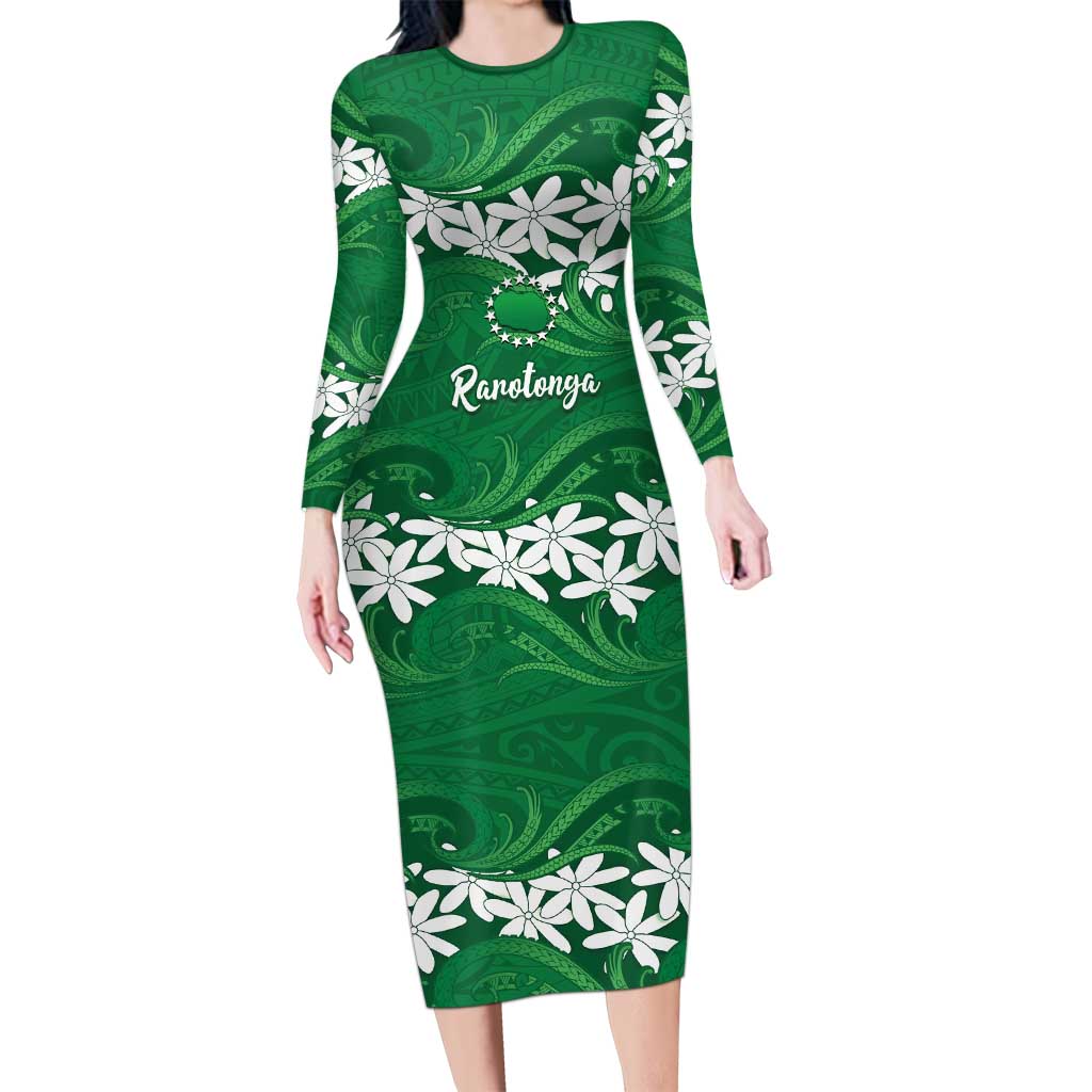 Personalised Cook Islands Rarotonga Long Sleeve Bodycon Dress Tiare Maori Polynesian Waves Tattoo LT14 Long Dress Green - Polynesian Pride