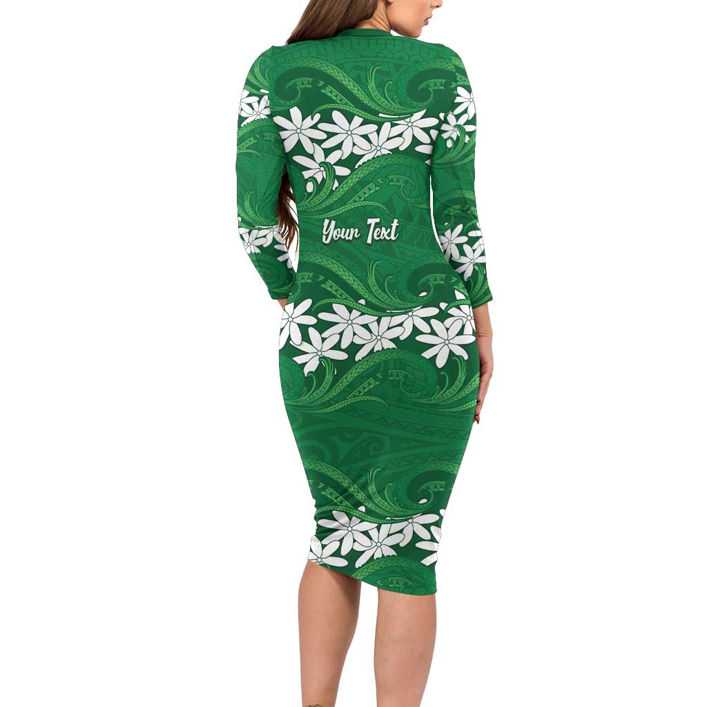 Personalised Cook Islands Rarotonga Long Sleeve Bodycon Dress Tiare Maori Polynesian Waves Tattoo LT14 - Polynesian Pride