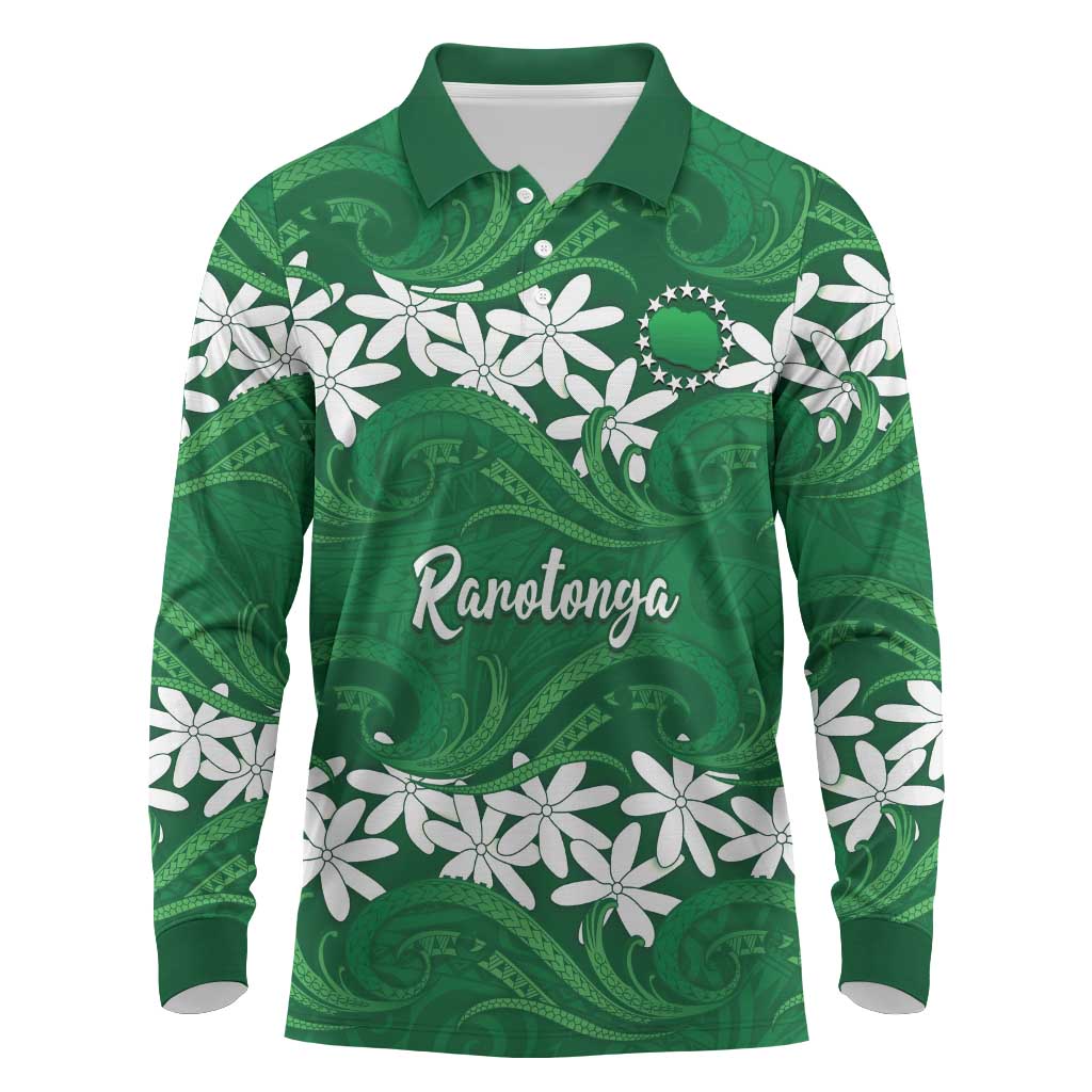 Personalised Cook Islands Rarotonga Long Sleeve Polo Shirt Tiare Maori Polynesian Waves Tattoo LT14 Green - Polynesian Pride