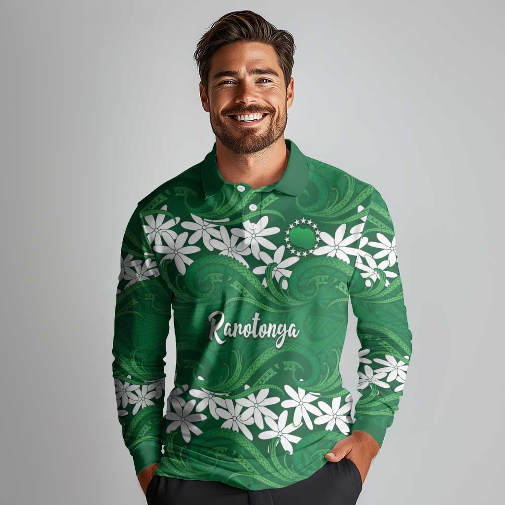 Personalised Cook Islands Rarotonga Long Sleeve Polo Shirt Tiare Maori Polynesian Waves Tattoo LT14 - Polynesian Pride