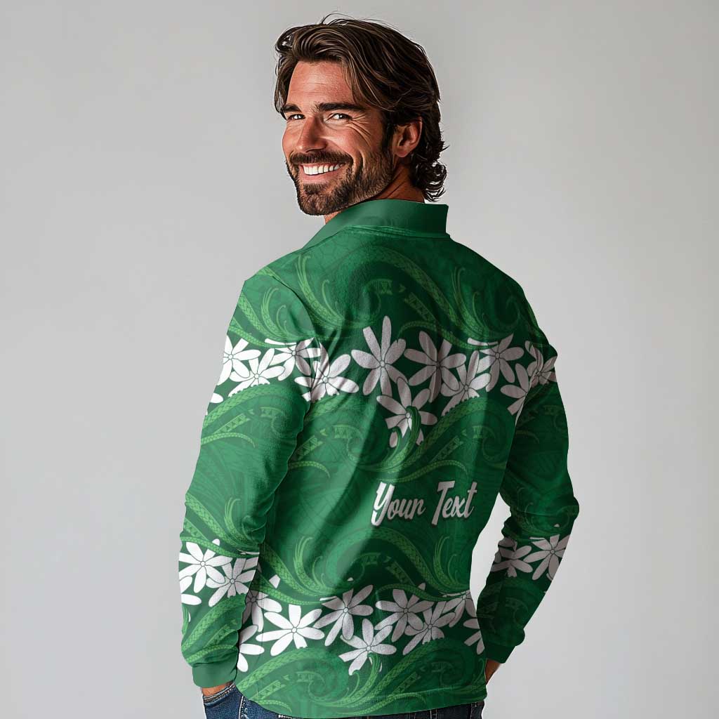 Personalised Cook Islands Rarotonga Long Sleeve Polo Shirt Tiare Maori Polynesian Waves Tattoo LT14 - Polynesian Pride