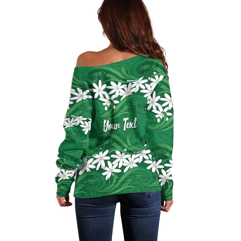 Personalised Cook Islands Rarotonga Off Shoulder Sweater Tiare Maori Polynesian Waves Tattoo