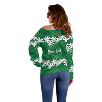 Personalised Cook Islands Rarotonga Off Shoulder Sweater Tiare Maori Polynesian Waves Tattoo