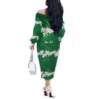 Personalised Cook Islands Rarotonga Off The Shoulder Long Sleeve Dress Tiare Maori Polynesian Waves Tattoo LT14 - Polynesian Pride