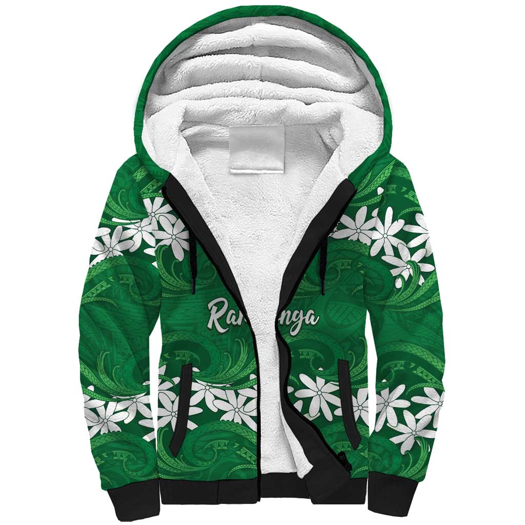 Personalised Cook Islands Rarotonga Sherpa Hoodie Tiare Maori Polynesian Waves Tattoo LT14 Unisex Green - Polynesian Pride