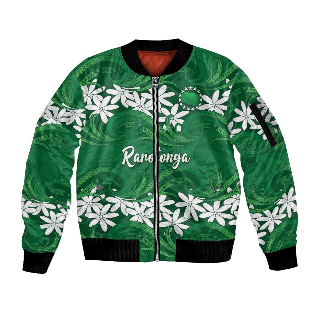 Personalised Cook Islands Rarotonga Sleeve Zip Bomber Jacket Tiare Maori Polynesian Waves Tattoo LT14 Unisex Green - Polynesian Pride