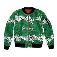 Personalised Cook Islands Rarotonga Sleeve Zip Bomber Jacket Tiare Maori Polynesian Waves Tattoo LT14 Unisex Green - Polynesian Pride