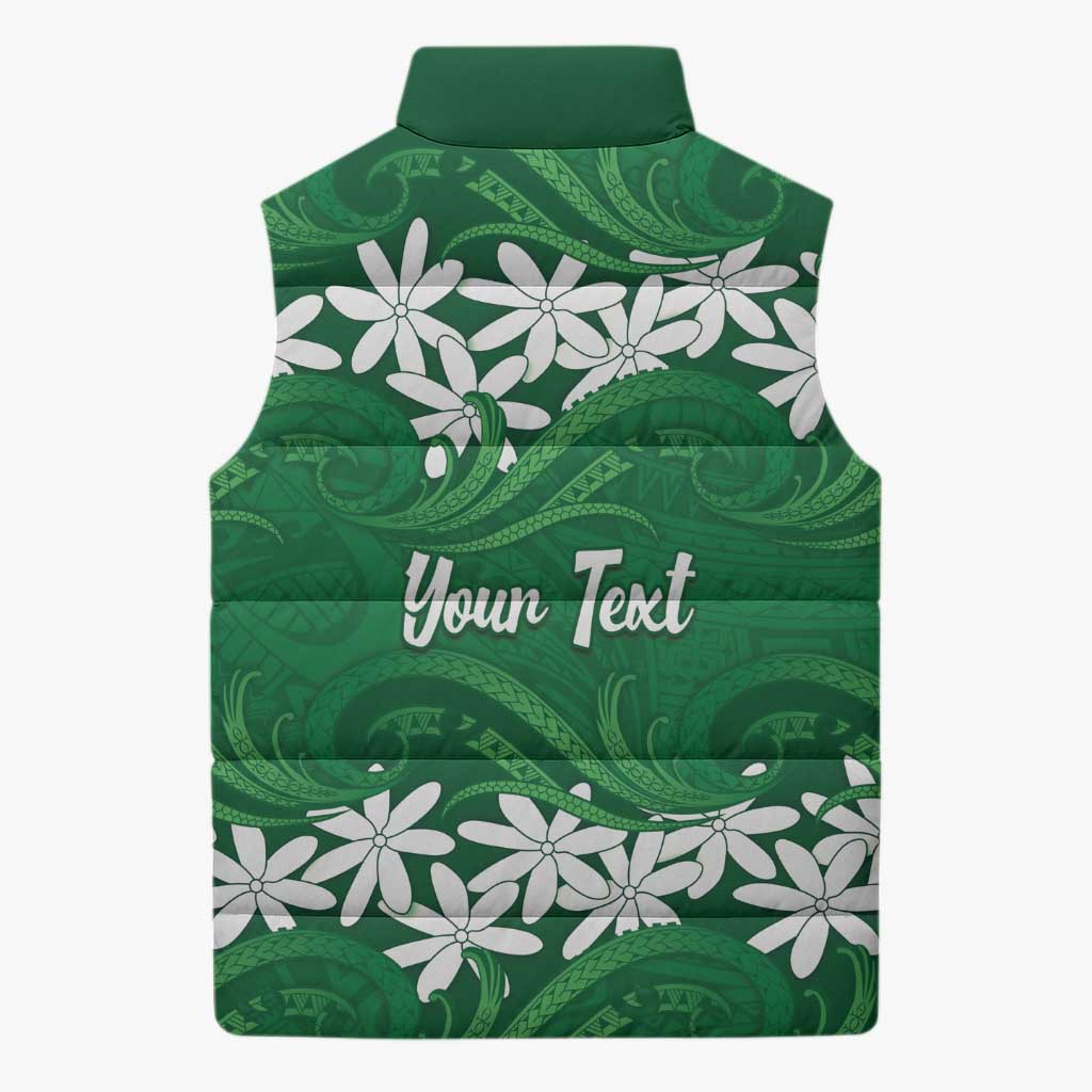 Personalised Cook Islands Rarotonga Sleeveless Puffer Jacket Tiare Maori Polynesian Waves Tattoo