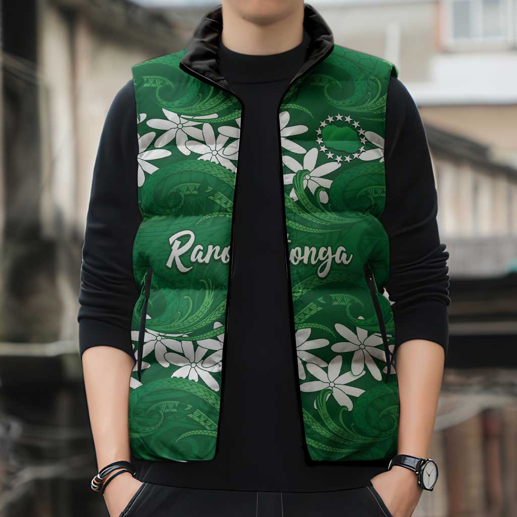 Personalised Cook Islands Rarotonga Sleeveless Puffer Jacket Tiare Maori Polynesian Waves Tattoo
