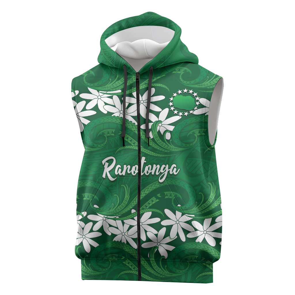 Personalised Cook Islands Rarotonga Sleeveless Zip Hoodie Tiare Maori Polynesian Waves Tattoo LT14 Green - Polynesian Pride