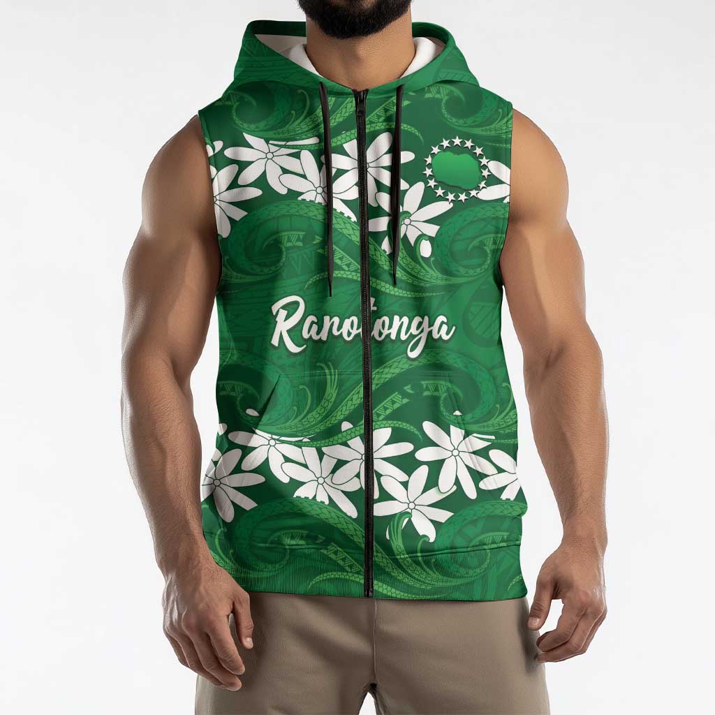 Personalised Cook Islands Rarotonga Sleeveless Zip Hoodie Tiare Maori Polynesian Waves Tattoo LT14 - Polynesian Pride