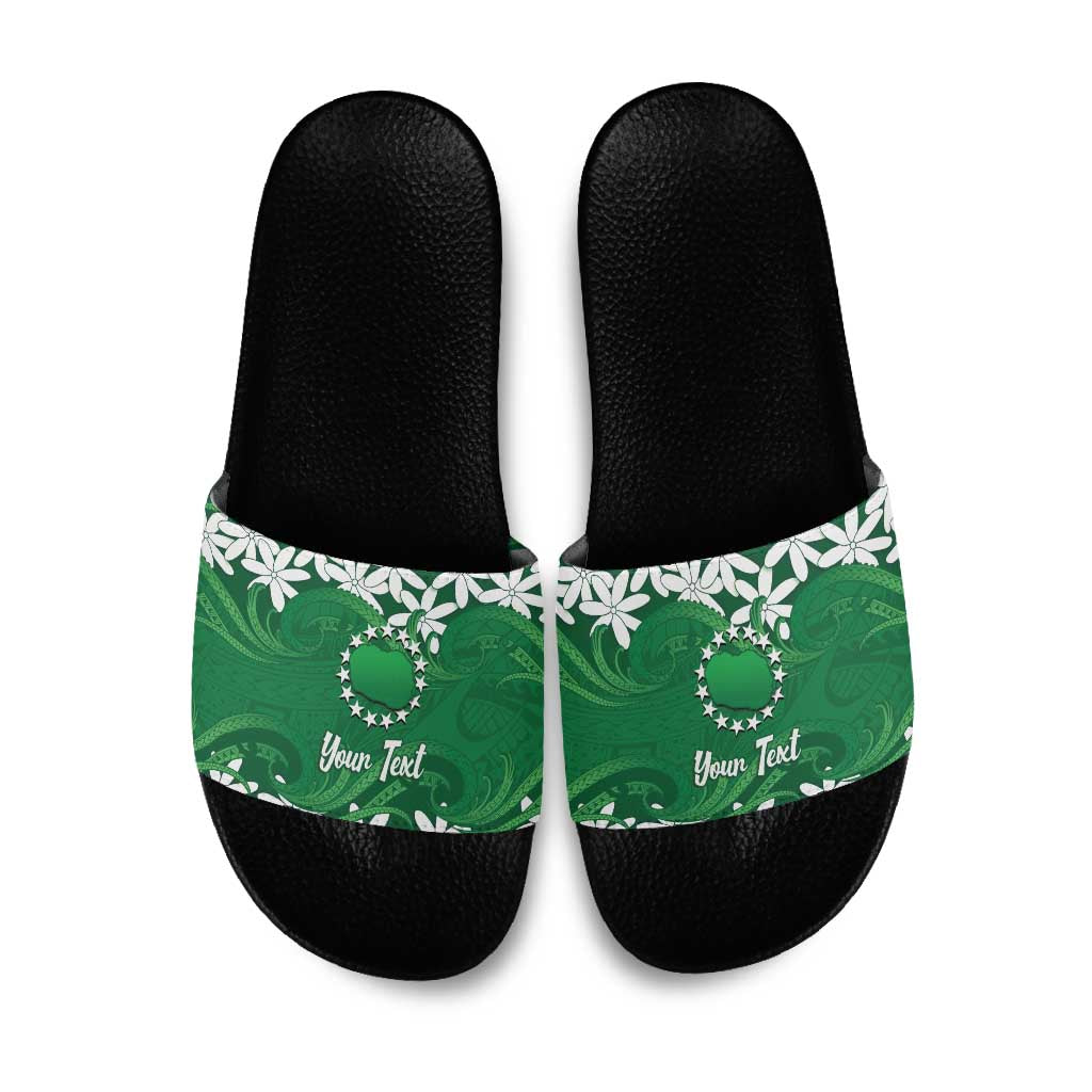 Personalised Cook Islands Rarotonga Slide Sandals Tiare Maori Polynesian Waves Tattoo LT14 Green - Polynesian Pride