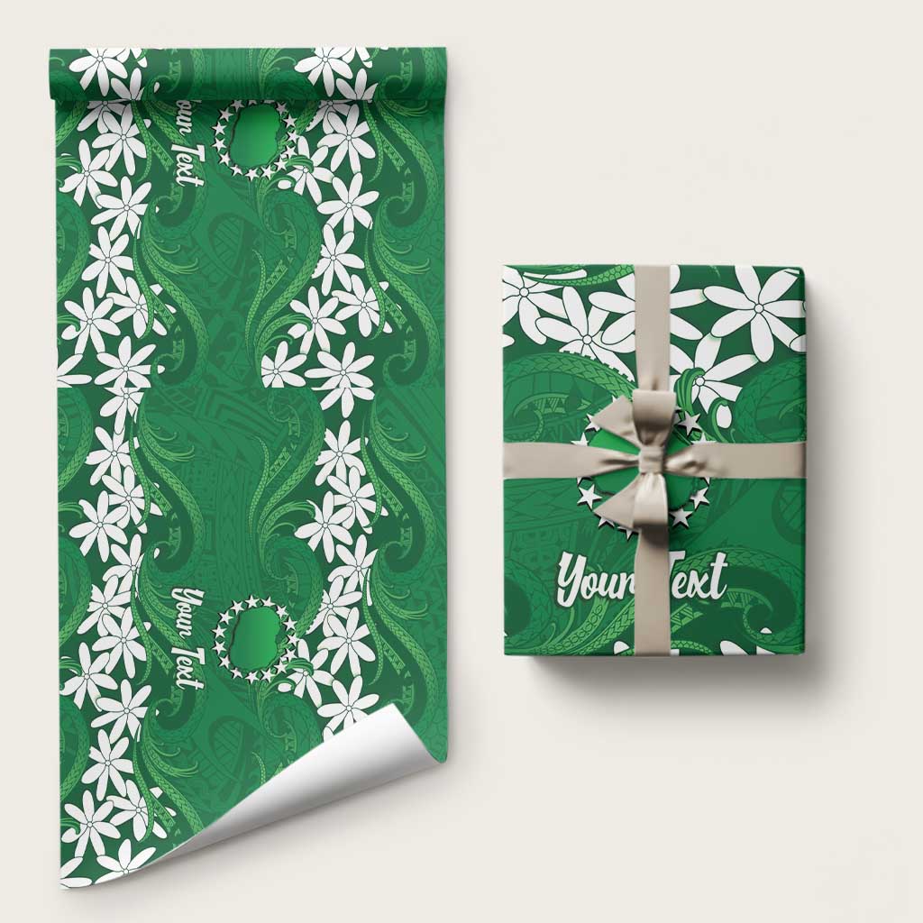 Personalised Cook Islands Rarotonga Wrapping Paper Tiare Maori Polynesian Waves Tattoo LT14 58" × 23" Green - Polynesian Pride